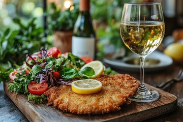 Crispy Wiener Schnitzel with Fresh Salad and White Wine