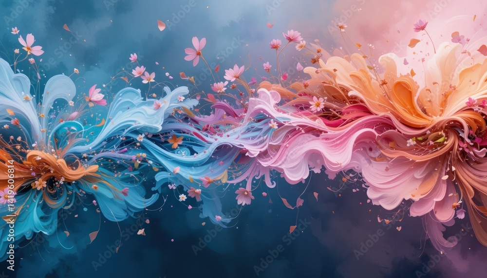 Poster dynamic flow of colorful abstract art digital canvas vivid swirls and petals creative environment ae