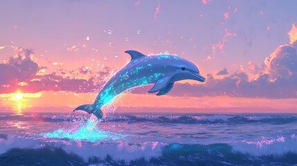 Fototapeta premium Dolphin leaps at sunset, ocean waves, peaceful sky, fantasy art, desktop wallpaper