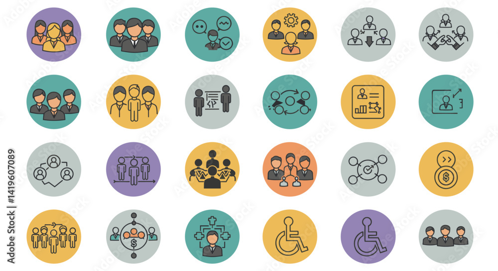 Poster diverse teamwork concepts illustrated with business management and communication icons in colorful c