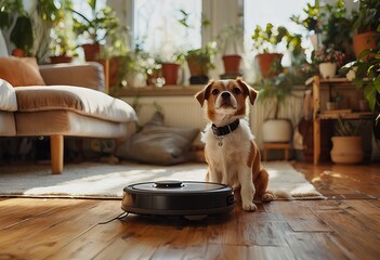 a curious dog sits attentively beside a robotic vacuum cleaner on a warm hardwood floor in a plant-filled living room.