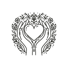 A black and white line art illustration showing two hands gently holding a heart and decorative botanical elements