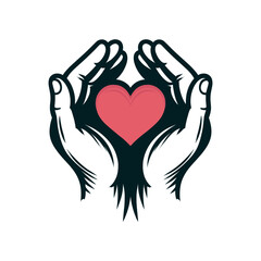 A stylized vector illustration of two hands gently holding a red heart. The drawing uses a minimal color palette with strong black outlines and a dynamic, bold composition.