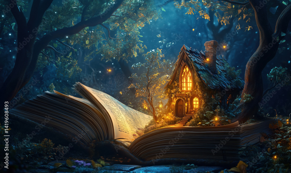 Poster magical fairy tale scene with glowing cottage emerging from open book in enchanted forest.