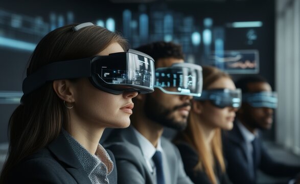 team of people wearing futuristic VR virtual reality goggles or glasses powered by AI, future business banner