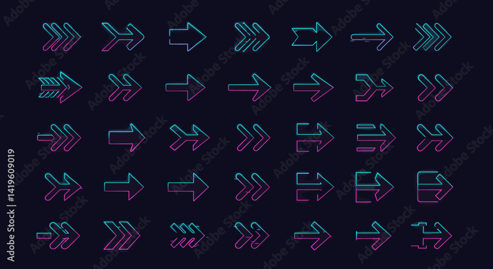 Poster futuristic arrow set collection in neon gradient style directional navigation elements for web desig