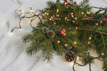 A festive white Christmas background with a spruce branch and a garland of lights
