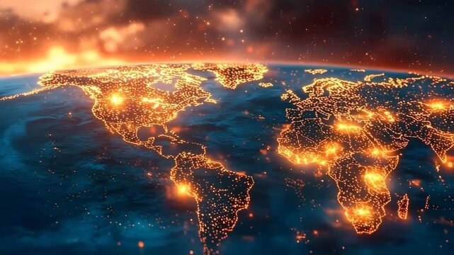 Glowing world map with data points symbolizing global recruitment and virtual hiring events