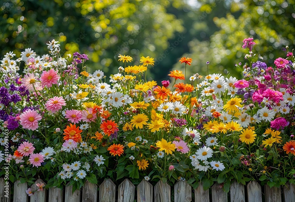 Poster a vibrant and colorful array of wildflowers bloom along the top of a rustic wooden fence bathed in s