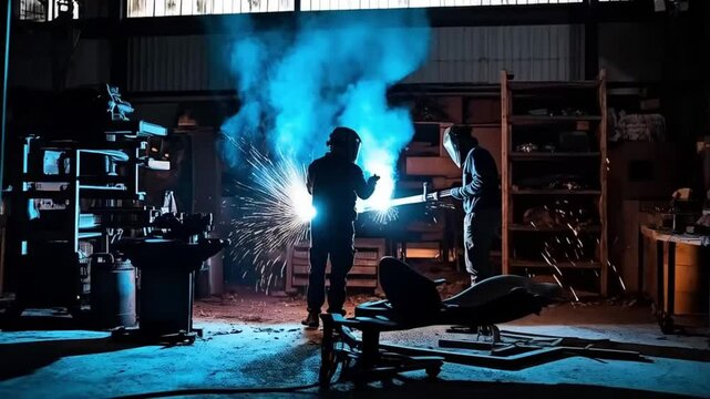 The skilled welder works diligently, sparks flying as metal fuses under intense, brilliant heat.