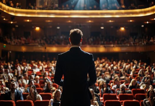 a man in a suit stands with his back to the viewer, facing a packed theater with blurred audience members and a glowing stage.