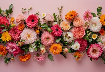 a vibrant and colorful floral arrangement of roses, dahlias, and other blooms lies flat against a soft pink background.