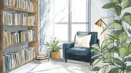 Illustration of a cozy reading nook with chair and books