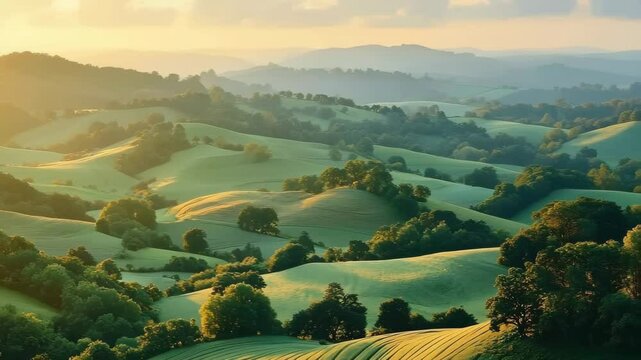 Peaceful autumn countryside with rolling hills and patchwork farmland