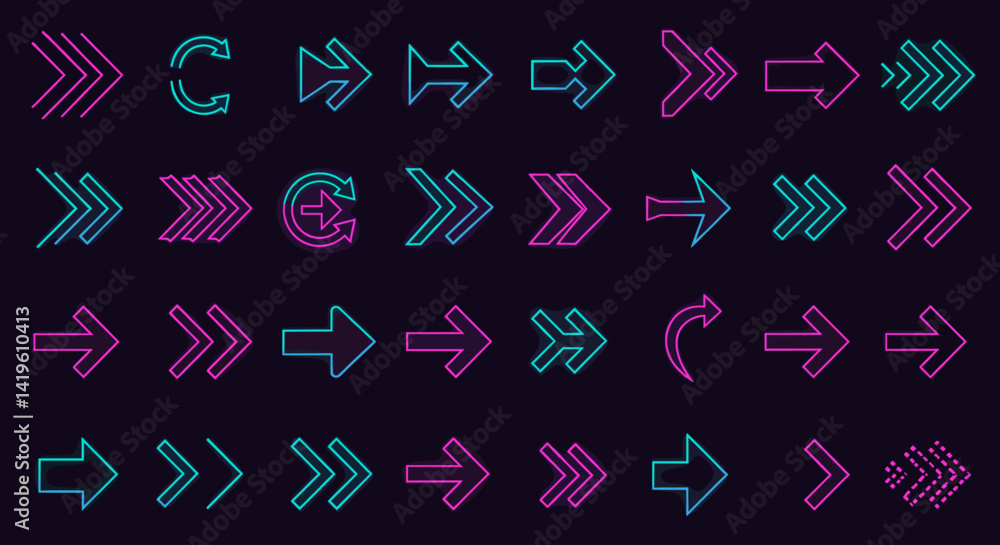 Poster glowing neon arrows set pointing direction with futuristic technology and retro style, illuminated v