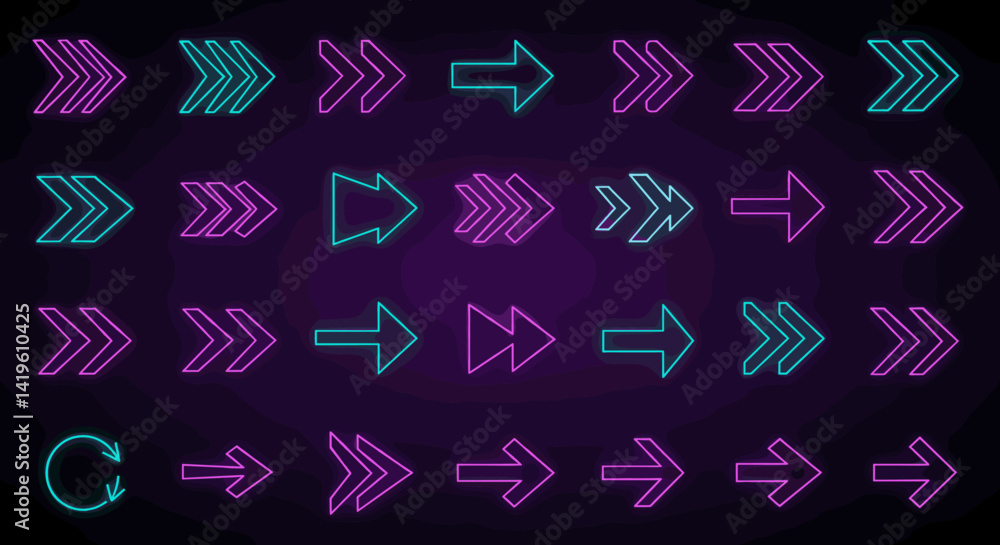 Poster glowing neon arrows pointing right in a row pattern on dark background, directional futuristic navig