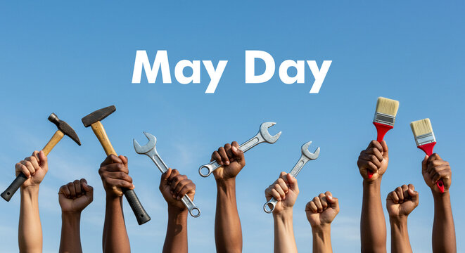 Multiple skin tones, hands holding work tools, books, laptops, and paintbrushes — symbolizing all kinds of work — against blue sky background. May day