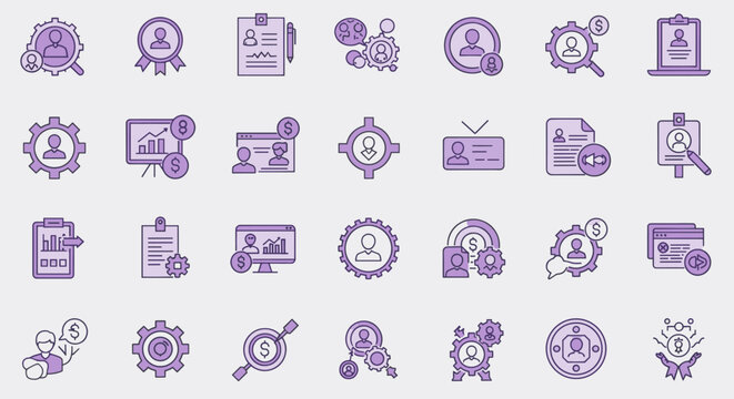 Human resources management icons illustrating recruitment hiring and employee management processes for business growth and success