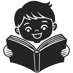 Cute little baby reading book vector silhouette illustration on white background