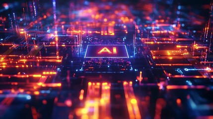 Abstract depiction of a futuristic digital landscape showcasing AI technology with glowing circuits