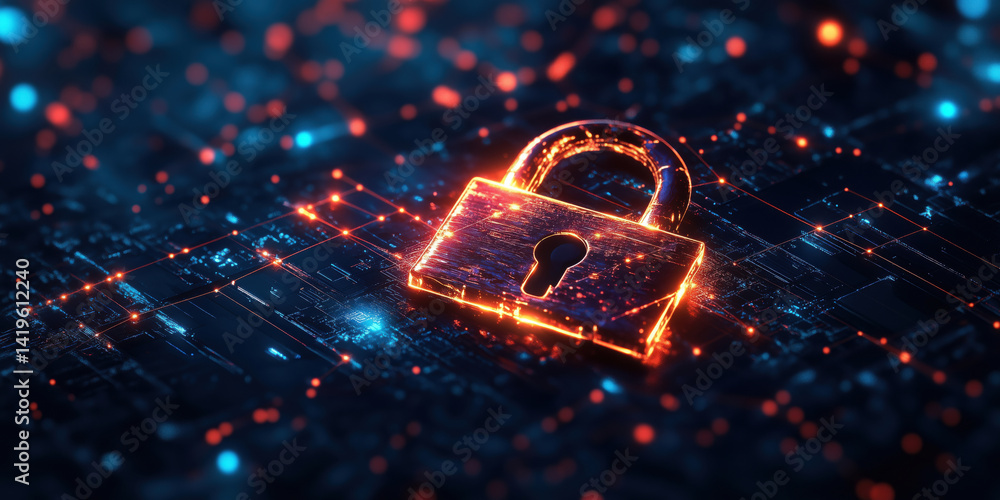 Poster digital padlock symbolizing cybersecurity and data protection in a tech environment.