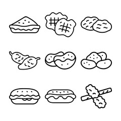 This is a hand-drawn vector set of doodle icons with food, potato, bread
