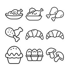 This is a vector illustration set of cartoon food icons, including pizza and cake symbols, with a clean design
