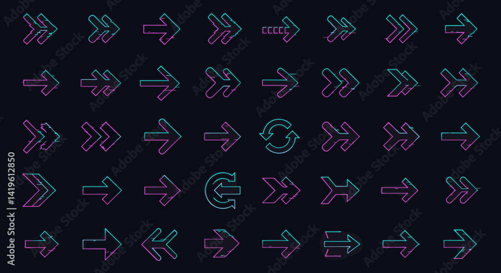 Poster neon arrows set with glitch effect on dark background directional indication for modern design and f