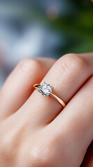 Obraz premium Elegant diamond ring on woman's hand close-up shot indoor setting soft focus romantic concept