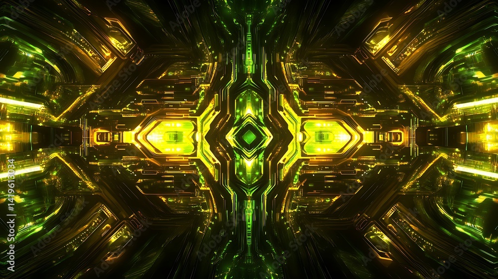 Poster abstract digital artwork featuring intricate green and gold patterns with a futuristic design