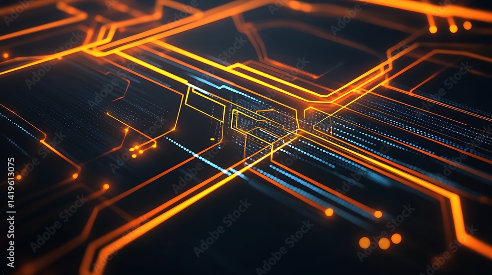Aufkleber abstract digital circuit design with glowing orange lines on a dark background, representing technol