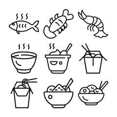 Food and Drink Icon Set with Coffee, Tea, Cup, Mug, Soup, Cake, and More in a vector icon set