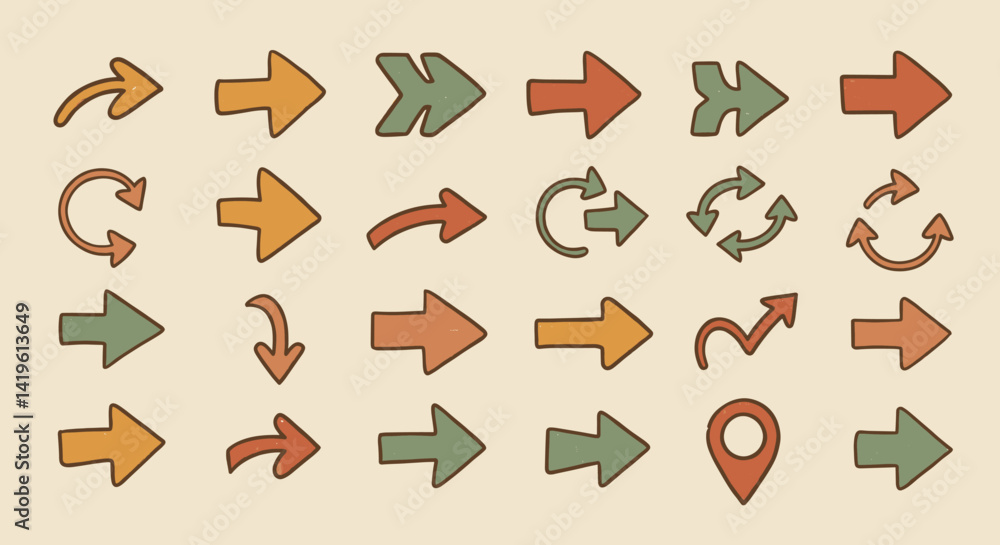 Poster retro arrow collection set vintage directional sign icons navigation elements in various styles and 