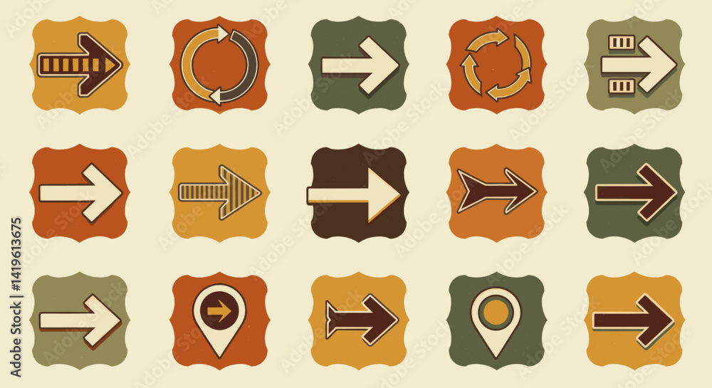 Poster retro arrow icons set vector illustration in vintage style directional symbols for navigation and us