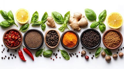 Colorful Spice Arrangement with Fresh Herbs and Citrus Fruits