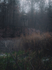 Eerie Watchtower in a Foggy, Overgrown Forest