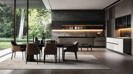 Modern dining and kitchen space with scenic outdoor view