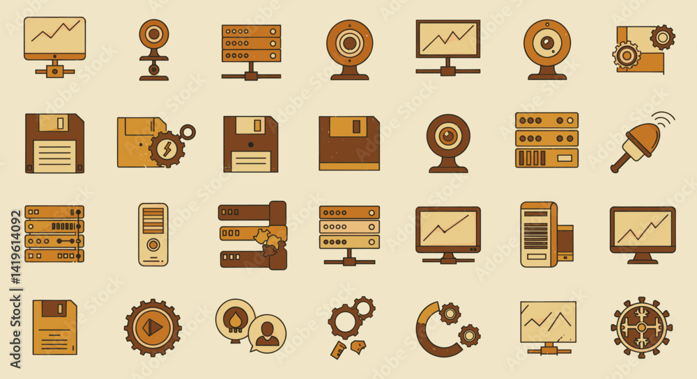 Poster retro technology icon set featuring computers, servers and floppy disks in vintage style