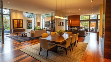 Spacious modern living and dining area with sleek furniture
