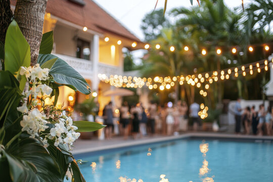 vibrant pool villa party with DJ, surrounded by lush greenery and twinkling lights, creates festive atmosphere
