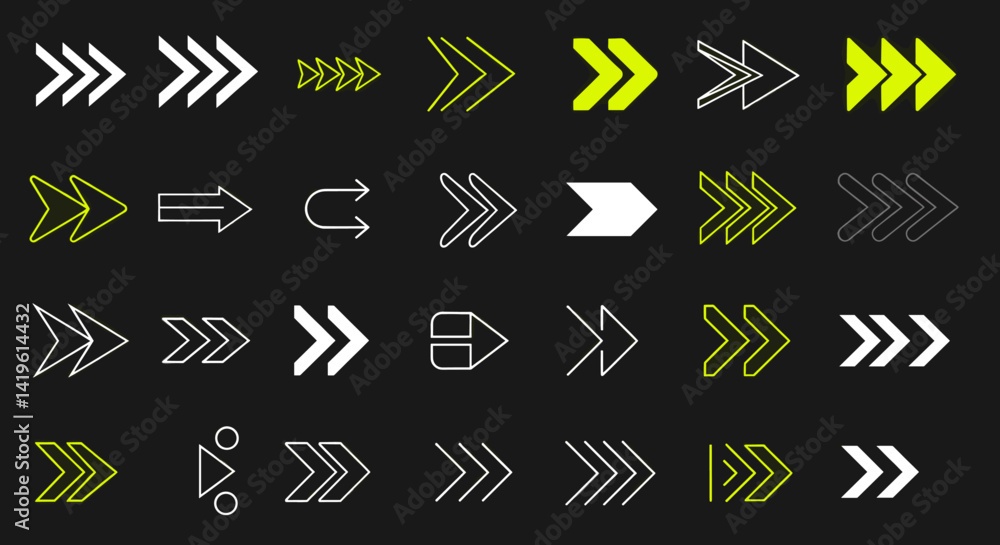 Poster set of modern arrow illustrations pointing right in various styles and designs for graphic design