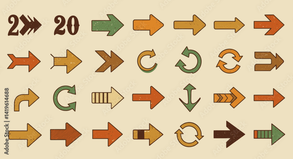 Poster set of retro directional arrow illustrations in various styles and orientations on beige background 