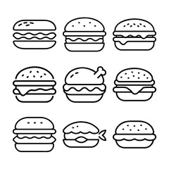 Fast food icon set with burgers cupcakes and snacks in vector icon