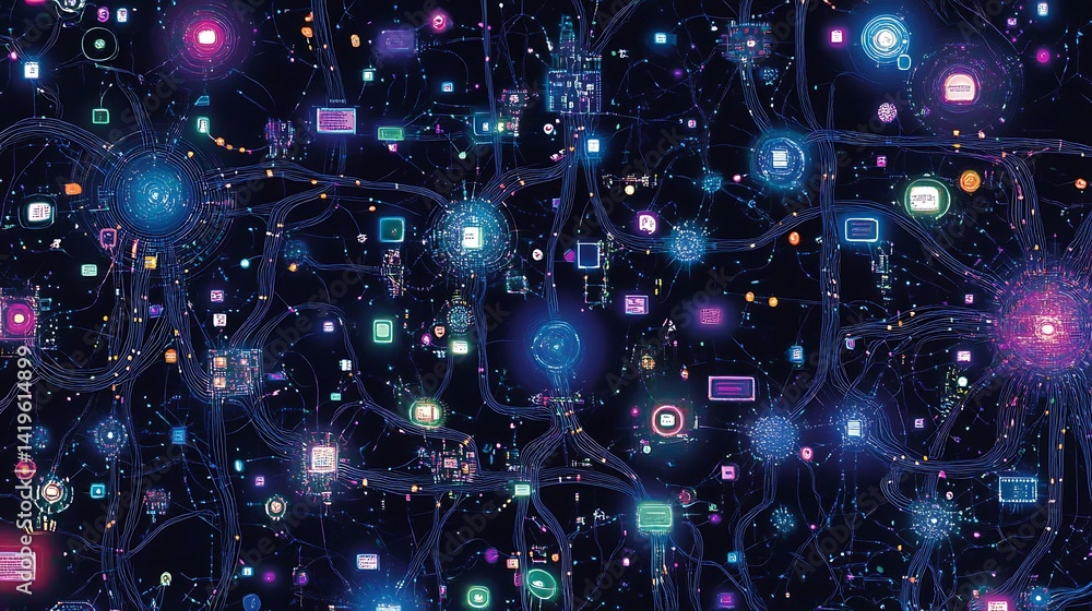 Aufkleber abstract digital network visualization with glowing nodes and connections representing data flow