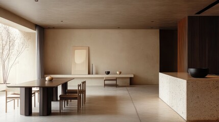 Minimalist dining room features muted tones and wooden accents