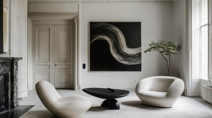 Elegant living room featuring abstract art and modern chairs