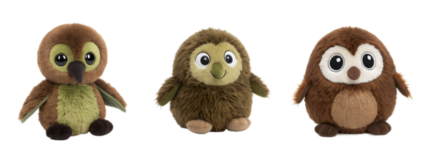 Three Adorable Owl Plush Toys Standing in a Row on a White Background
