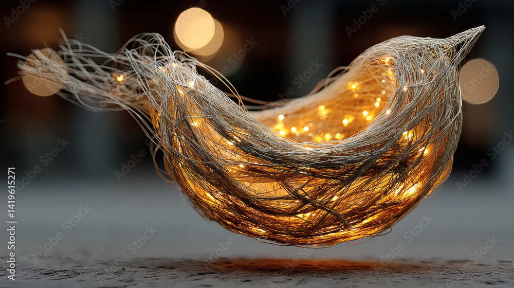Poster floating artistic representation of nest with twinkling lights