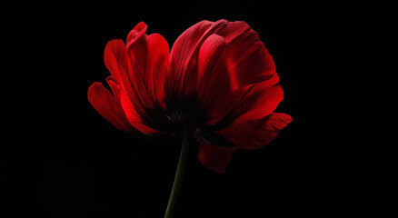 Fototapeta premium Uma foto em close de uma flor vermelha vibrante contra um fundo preto escuro e fosco