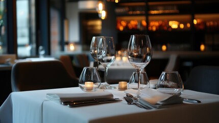 Table setting in elegant restaurant featuring glassware and soft lighting